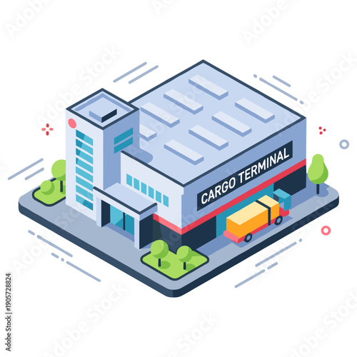 Isometric cargo terminal with trucks and modern architecture