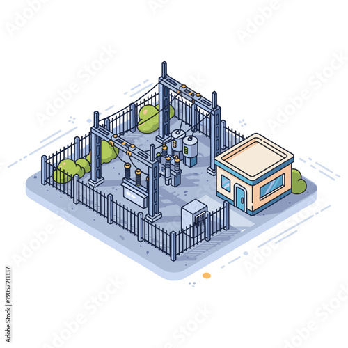 Isometric illustration of electrical substation with fencing and control building