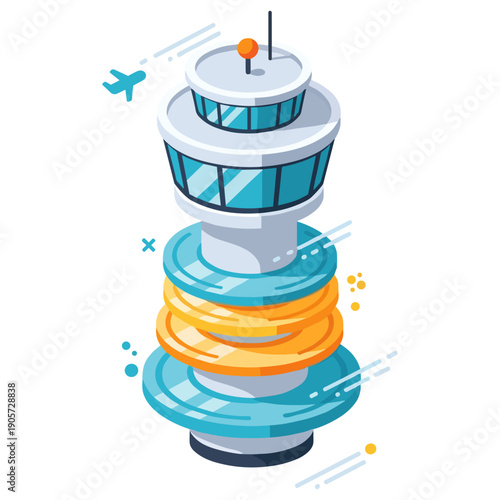 Modern air traffic control tower with colorful design and airplane icon