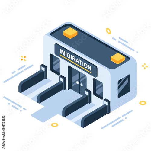 Isometric immigration office building with entrances and signage