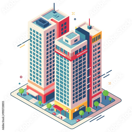 Isometric illustration of modern high-rise buildings on urban street corner