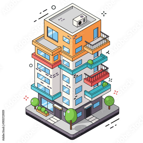 Colorful isometric apartment building with trees and balconies