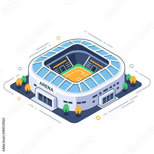 Modern sports arena with soccer field and blue roof design