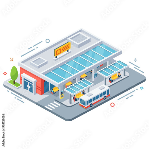 Isometric bus station with passengers and buses in urban setting