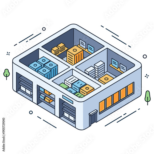 Isometric illustration of a modern warehouse with storage units and goods