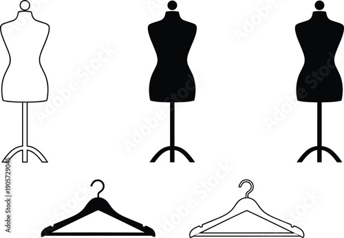 Dress mannequin and clothes hanger icons set for fashion tailoring retail display outline vector illustration