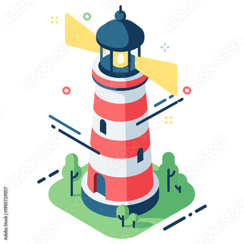 Colorful isometric lighthouse with stripes and trees on green island