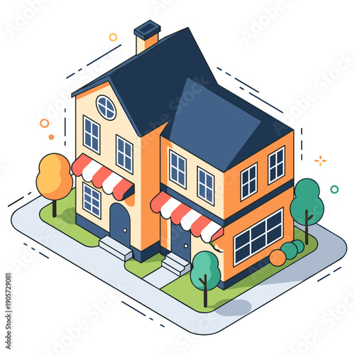 Charming isometric house with striped awnings and colorful trees on an urban plot