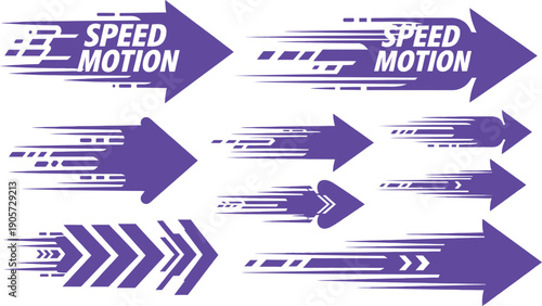 Collection of purple motion speed arrows with text and graphics