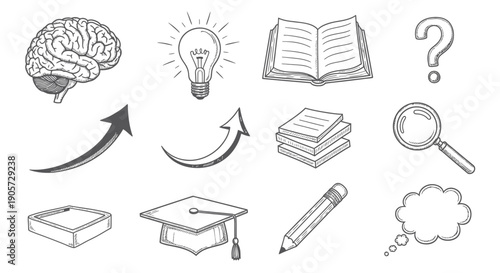 Brainstorming and Education Doodles with Brain, Lightbulb, and Books