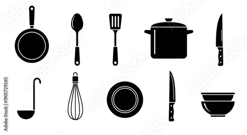 Set of Black Kitchen Utensils Silhouettes, Cooking Tools Icon Vector