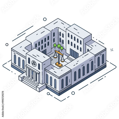 Isometric illustration of a courthouse with justice scale symbol