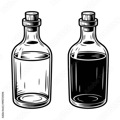 Glass bottles with cork stoppers clear liquid dark liquid