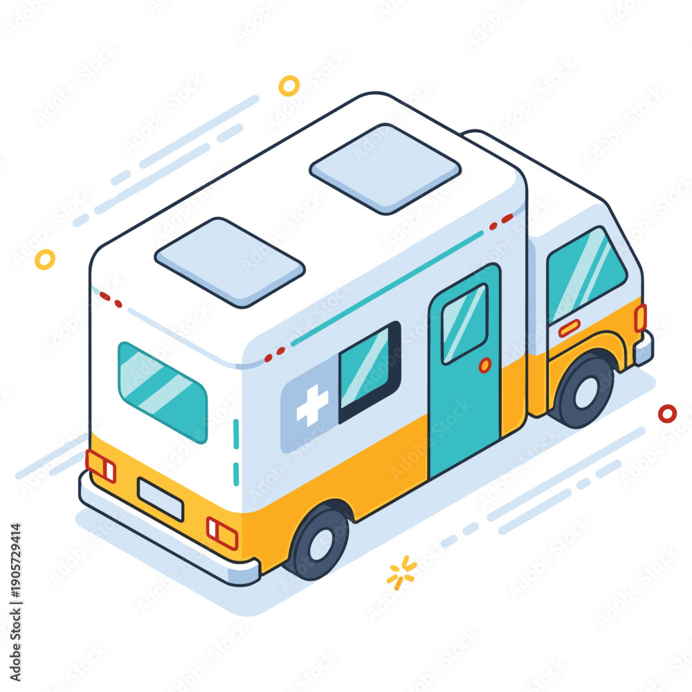 Fototapeta premium Isometric yellow and white ambulance cartoon style. No editable stroke