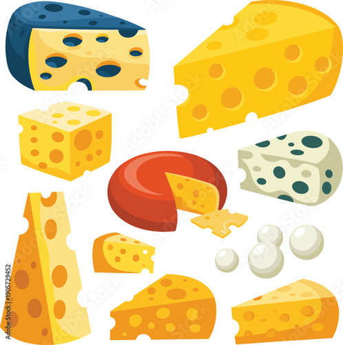 cheese, collection, vector, illustration, cartoon, dairy, food, slice, wedge, block, gourmet, ingredient, cooking, isolated, white, background, clipart, design, set, nutrition