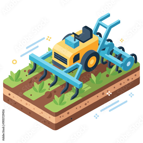 Isometric blue farming tractor cultivating crops on plot of land. No editable stroke