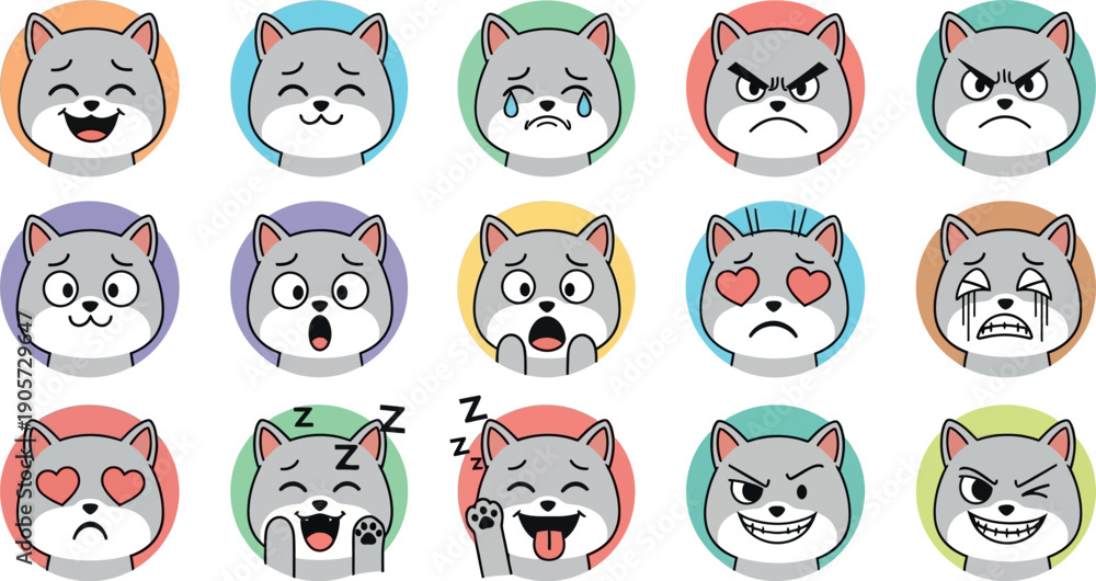 Fototapeta premium Collection of 15 emotive cartoon dog faces with diverse expressions and colorful hair