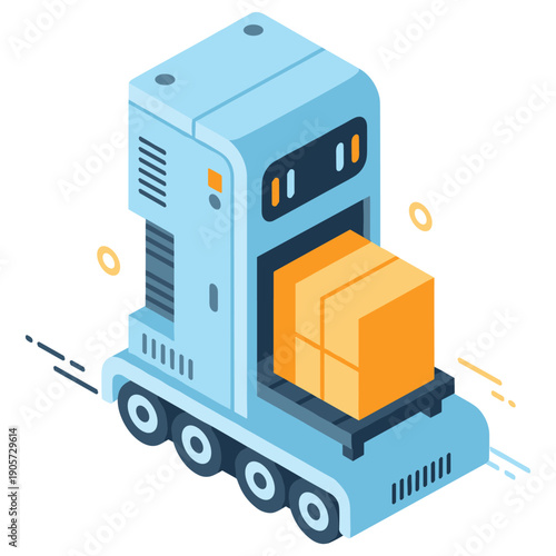 Isometric blue robot delivering package on wheels. No editable stroke