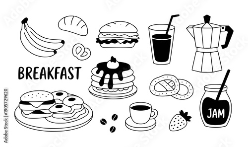 Hand drawn black and white breakfast food collection with coffee pancakes and fruits