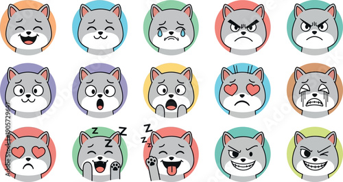 Collection of 15 emotive cartoon dog faces with diverse expressions and colorful hair