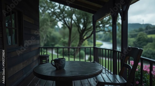A serene and inviting outdoor living space on a covered wooden balcony or porch, featuring a round dark wooden table with a single, unbranded ceramic mug, reflecting a recent rainfall or misty conditi