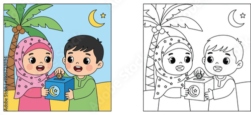Muslim Boy and Girl Donating Money to Charity Box with Islamic Crescent Moon and Palm Tree Background, Ramadan Sadaqah Concept Illustration for Kids Education and Coloring Book Page