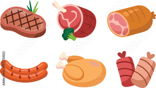 meat, food, collection, vector, illustration, cartoon, steak, sausage, chicken, ham, butcher, grocery, protein, cooking, isolated, white, background, clipart, design, set