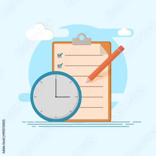 time management illustration with pencil, work board and clock icons.