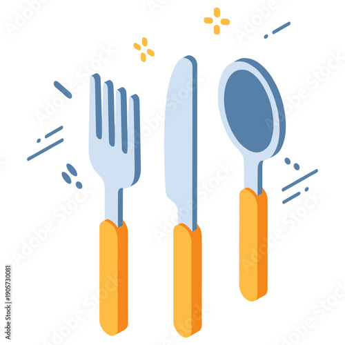 Minimalist cutlery set: fork, knife, spoon with orange handles on white background
