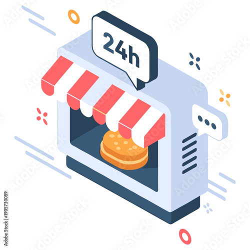 Isometric 24h burger kiosk icon with awning and speech bubble