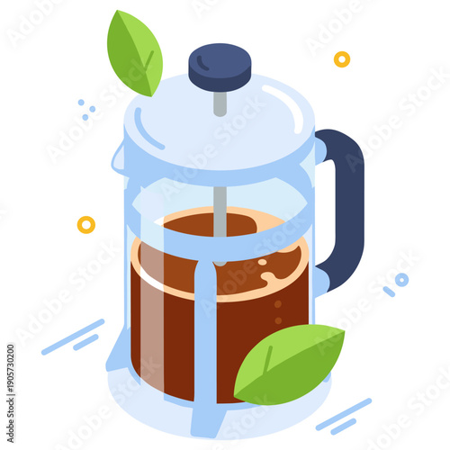 Isometric design of a french press coffee maker with leaves and bubbles