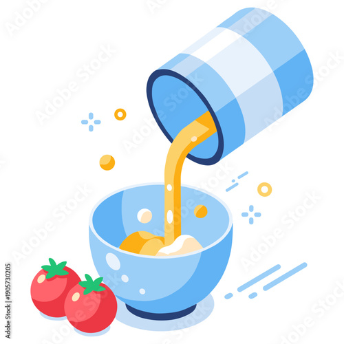 Colorful cartoon illustration of orange juice being poured into a bowl with tomatoes