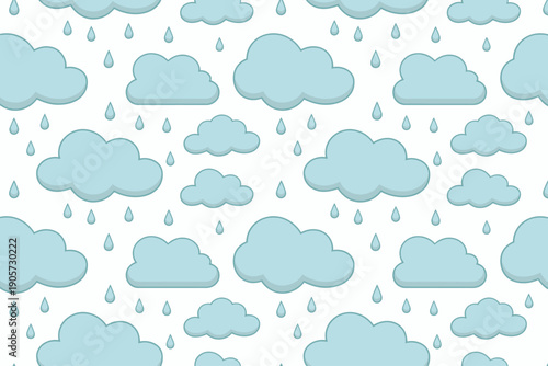 Light blue cartoon clouds with falling raindrops seamless pattern white background