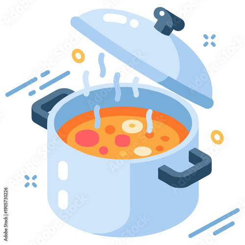 Illustration of steaming soup in blue saucepan with lid half open