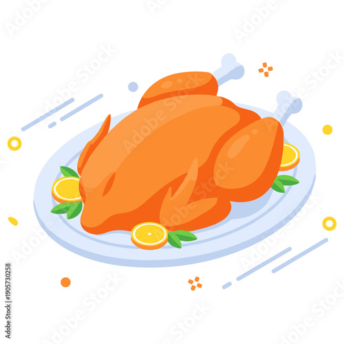 Whole roasted turkey on platter with lemon slices and herbs