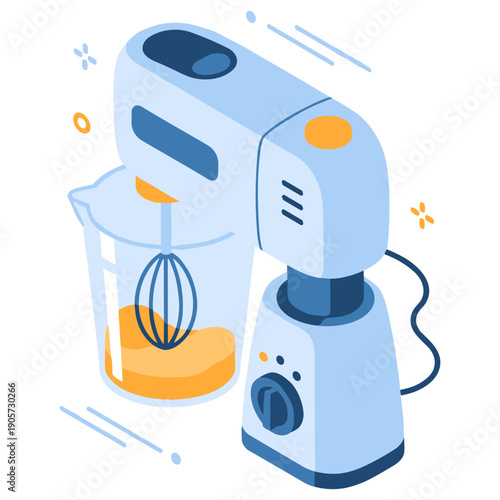 Electric mixer with whisk in glass bowl on white background