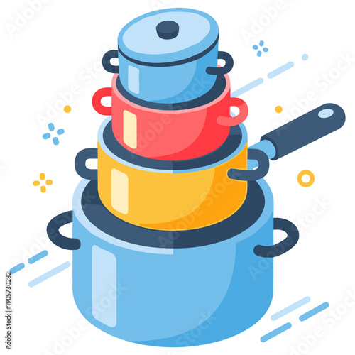 Colorful stack of cooking pots in modern flat design illustration