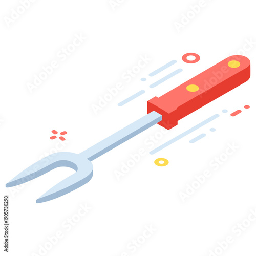 Isometric bbq fork with red handle on white background