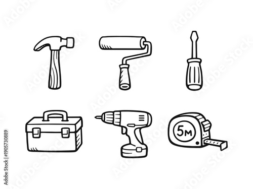 Set of hand-drawn construction tool icons, including hammer, drill, paint roller, and toolbox. Perfect for DIY and home improvement projects.