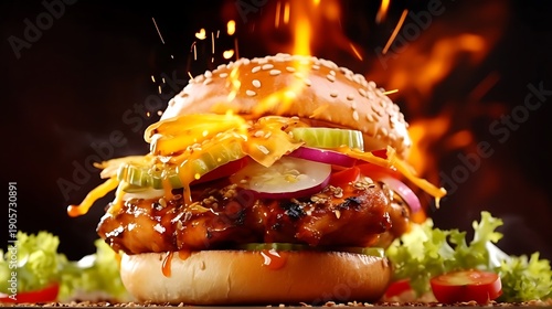 Caramelized onion and truffle burger with rich melted cheese stringing between bun halves, golden toasted layers and black pepper steam in mid-air, studio black backdrop, full frame,