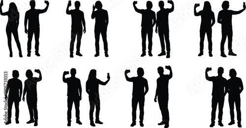 WebBlack silhouettes of diverse young people and couples standing and taking selfies or photos with smartphones isolated on a clean white background for design