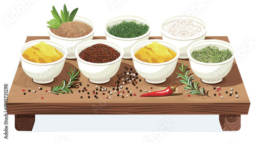 Different seasonings in cups, spice background on the table, top view culinary ingredients photography