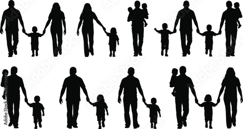 WebLarge Collection of Family Silhouette Icons Featuring Parents Walking with Children and Infants for Life Insurance Marketing Social Togetherness Parenting and Childhood Growth