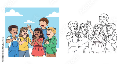 Group of happy diverse children laughing, pointing, and clapping together under a blue sky, cute cartoon vector illustration of friendship and childhood joy.