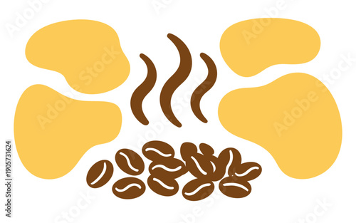 Warm aroma of roasted coffee beans with abstract yellow shapes and steam