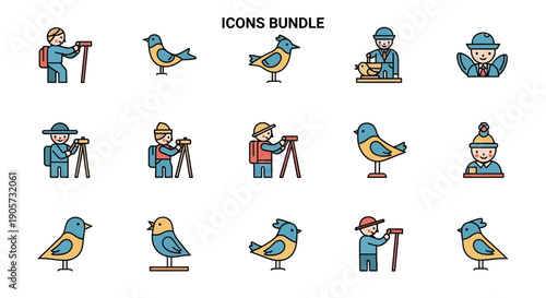 Collection of Cartoon Birdwatcher Icons and Symbols.