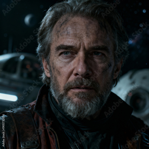 Wallpaper Mural Rugged middle-aged man with gray beard and dirt-smeared face stares intensely against starry space backdrop with spaceship elements, evoking sci-fi explorer atmosphere Torontodigital.ca