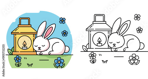 Cute cartoon white rabbit sleeping peacefully next to a glowing yellow lantern on green grass with blue flowers, serene spring vector illustration.