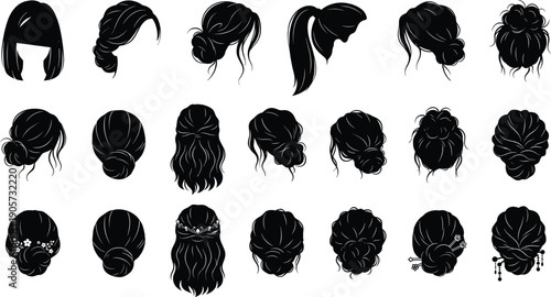 WebBlack silhouette women hairstyle collection featuring buns ponytails braids and updos for beauty salon branding fashion design vector illustration and styling reference usage