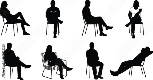 WebBlack silhouette people sitting on chairs collection showing various relaxed poses for interior design presentation waiting room concepts and vector illustration usage